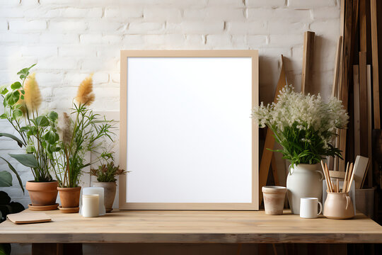 Blank picture frame on a wooden table in a modern living room Mock up AI Generative