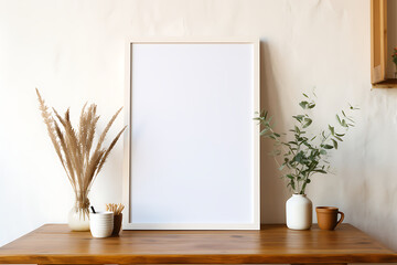 Blank picture frame on a wooden table in a modern living room Mock up AI Generative
