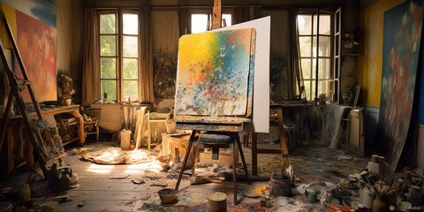 AI Generated. AI Generative. Vintage artist draw pain art room with equipment and easel. Motivational inspirational vibe. Graphic Art