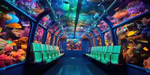 A subway car where passengers morph into a colorful array of aquatic creatures in a moving underwater world , concept of Immersive experience, created with Generative AI technology