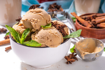Spicy thai tea ice cream balls, asian indian masala spicy gelato with spices and mint, alternative...