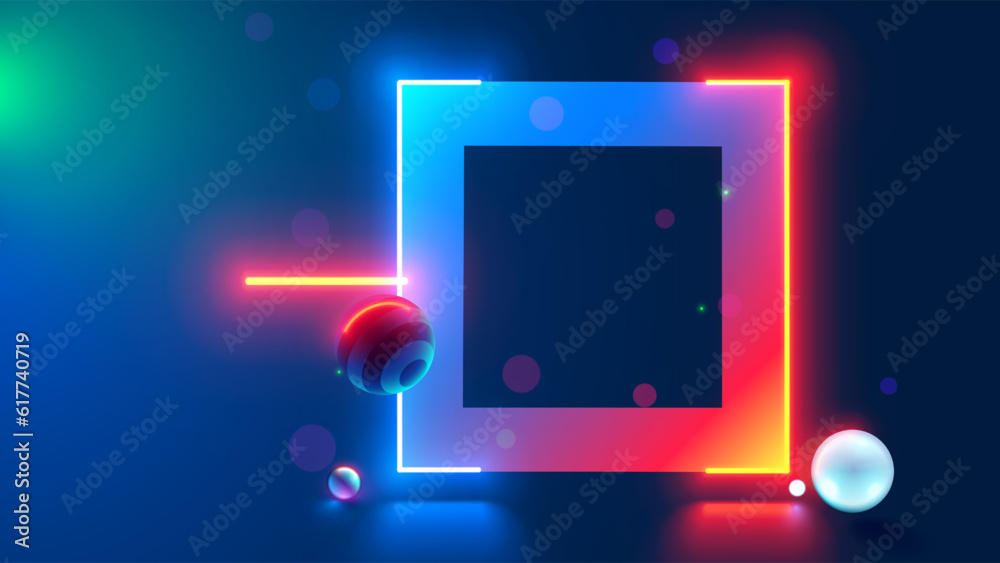 Fototapete Neon rectangle glowing frame in dark cyberspace with hanging 3d spheres. Abstract tech square border or frame in modern technology style. Podium or background for object consist at red, blue neon lamp