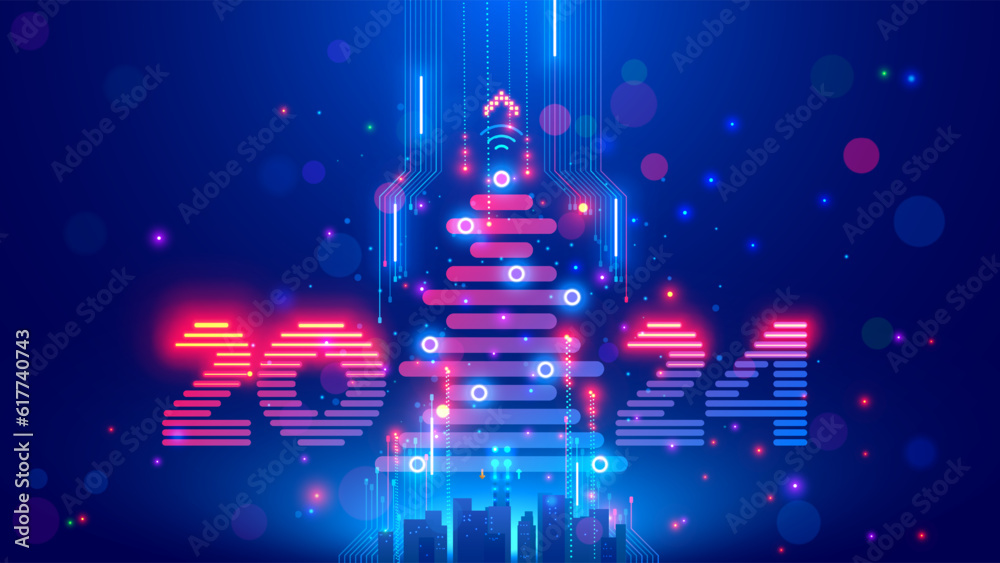 Poster christmas poster with christmas tree, digits 2024 in electronic technology style. new year, merry ch