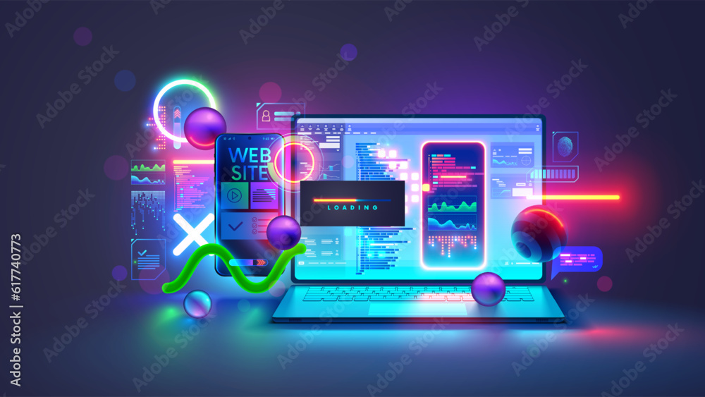 Poster Website software development concept. Web design site and mobile app on laptop, testing on phone. Code on screen laptop, loading on smartphone from cloud storage. Computer software technology banner.