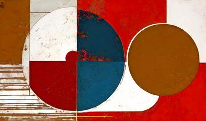 Constructivist abstract art style cover design with large circles and blocks of colors in a weathered paint effect.