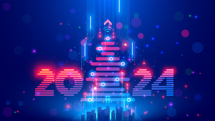 Christmas poster with christmas tree, digits 2024 in electronic technology style. New year, merry christmas congratulations card in cyber computer design. Tech digital banner of event in 2024 year.