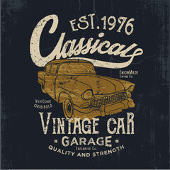tee print design with classic car drawing as vector