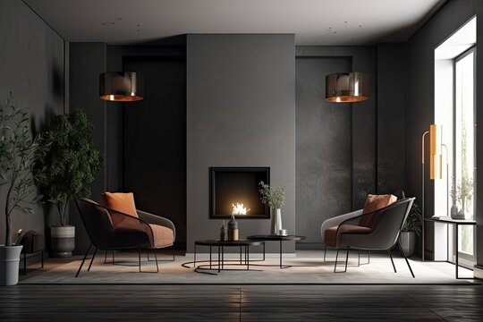 Interior of a dark grey living room with a fireplace, three armchairs, a coffee table, a lamp, wall dividers, and a concrete floor. contemporary minimalist design idea. Generative AI