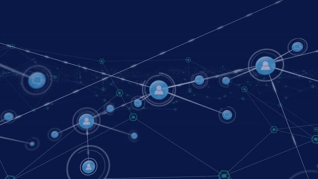 Animation of network of connections with people icons over blue background
