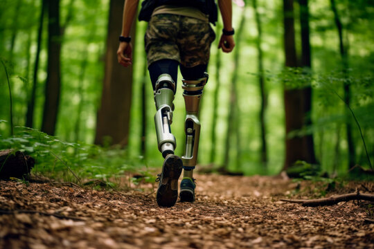 The power of overcoming: disabled man with prosthetic legs walking through the forest
