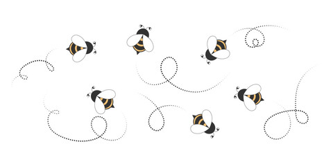 Bee cartoon icons set. Bees fly along a dotted path. Vector illustration isolated on white background.