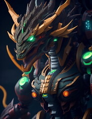 3D rendering of a fantasy dragon head with green and blue neon lights