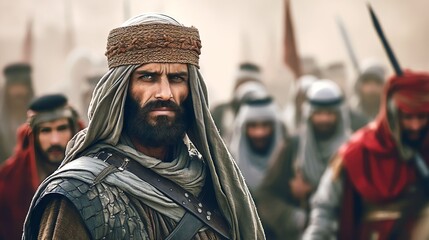 ancient arab background design, moments soldiers arabian before entering the battleground