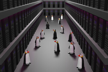 Lots of penguins in the data center. 3d illutration.