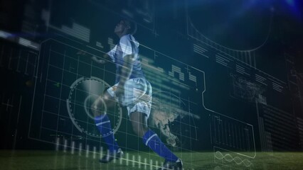 Animation of financial data processing over african american football player with football - Powered by Adobe