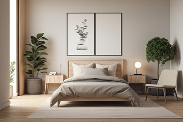 Interior of a hotel room, showing the bed, vanity, and chair from the front. On a hardwood floor, a plant. mock poster on a beige background. Generative AI