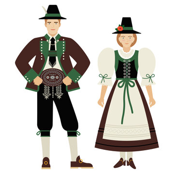 girl and young man in Austrian folk costume isolated on a white background. couple of young people in the national traditional clothes of Austria. flat drawing in cartoon style. stock vector EPS 10.