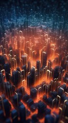 Obraz premium Abstract background of a futuristic tech city at night. Quantum computing system and high speed global data transfer - Generative AI illustration