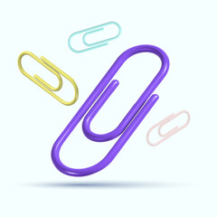 Falling down colorful paper clips. Colorful realistic glossy paper clips. Realistic 3D vector Illustration.