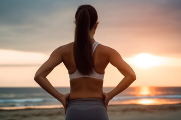 Fototapeta na wymiar Back view female athlete in sportswear standing on sandy beach near wavy ocean and looking at sunset.