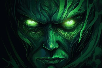 Green demon face eyes. Generate Ai