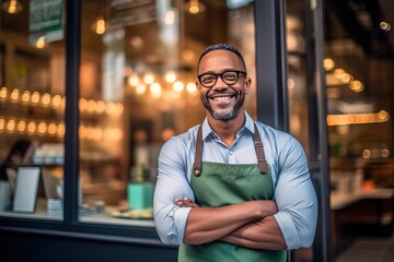 Fototapeta premium Smiling Small Business Male Owner in Front of Modern Barber Storefront