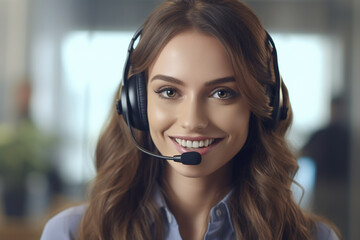 Portrait of smiling helpline operator with headset at call center.