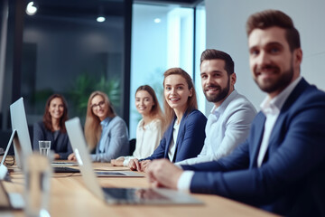 Group of diversity business people gathered at conference table during important business meeting in conference room