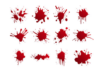 12 red blood splatter stain set vector illustrations
