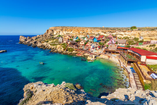 MELLIEHA,MALTA - NOVEMBER 10, 2015 : Popeye Village view in Mellieha, Malta . Popeye Village was used as the set for Robert Altman's movie "Popeye" and is now in use as an amusement park.