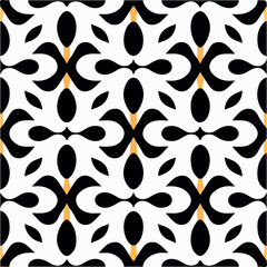 Captivating black and white pattern with orange accents and seamless symmetry, reminiscent of patterned tilework.