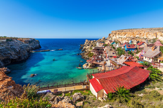 MELLIEHA,MALTA - NOVEMBER 10, 2015 : Popeye Village view in Mellieha, Malta . Popeye Village was used as the set for Robert Altman's movie "Popeye" and is now in use as an amusement park.