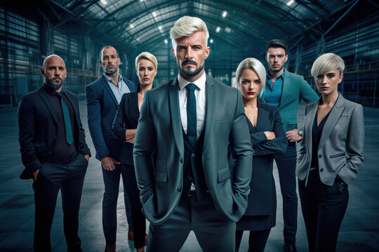 Multiethnic group of professional business men and women standing as team and looking at camera. Blond haired male leader in front of his business partners.
