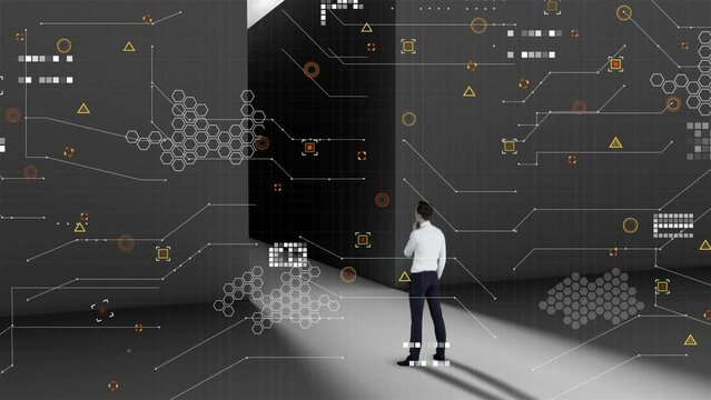 Animation of data processing over caucasian businessman by maze