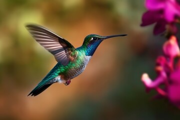 Fototapeta na wymiar Hummingbird flying beak. Generate Ai