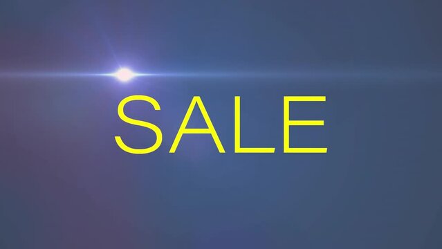 Animation of sale text banner over light spot and purple spots of lights against blue background