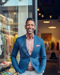 Fototapeta premium Beaming Small Business Owner at Modern Clothing Boutique Storefront. Generative Ai.