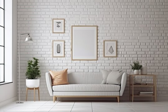 Interior of a bright room with a sofa, a plant, and empty picture frames against a wall made of white brick. Generative AI