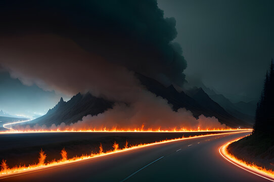 streaks of fire along the road. generative ai