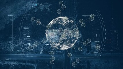 Animation of globe with network of connections over cityscape