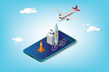 Aplane, Sufboard, luggage and bicycle on smartphone screen, booking online travel agency application concept.