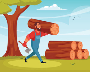 vector illustration of man with large build carrying tree cutting