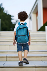 Obraz premium Student boy with backpack on way to school. Concept of back to school. AI generated