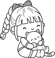 a vector of a girl hugging a cat in black and white coloring
