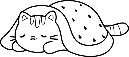 a vector of a cute sleeping cat in black and white coloring
