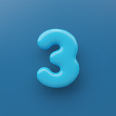 3D Blue number 3 with a glossy surface on a blue background .
