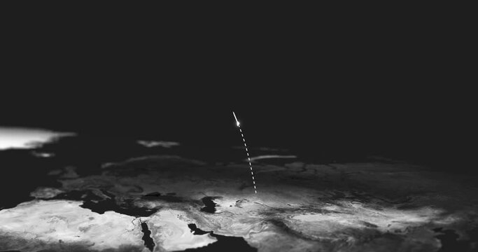 Rocket, weapon and trail of missile launch on black background for war, international conflict and military. Illustration of trajectory path of nuclear strike or atomic bomb from country to target