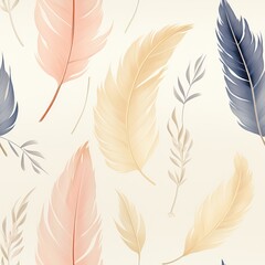 boho watercolour feather pattern, bohemian neutral pastel design pattern