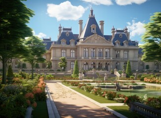 Fototapeta premium Magnificent building, multi-storey, courtyard in front of the house. Beautiful homestead. Created with Generative AI technology.