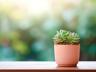 Wallpaper heveria flower in brown pot on green background. Сopy space. Succulents. AI generated.